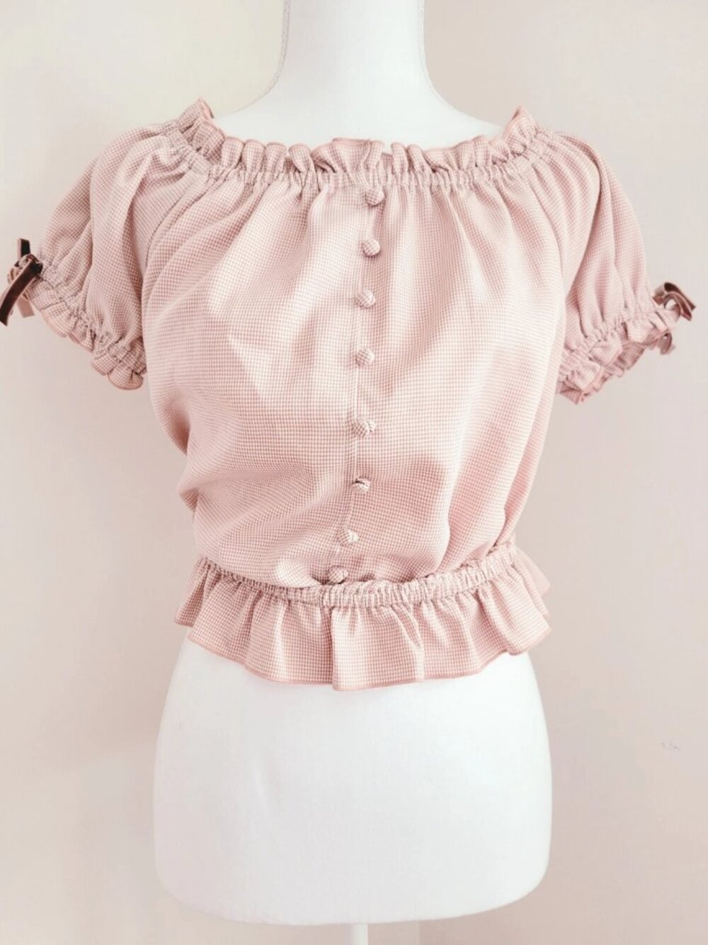 ANK ROUGE Pink Houndstooth 2-Way Off-Shoulder Cropped Button Blouse
